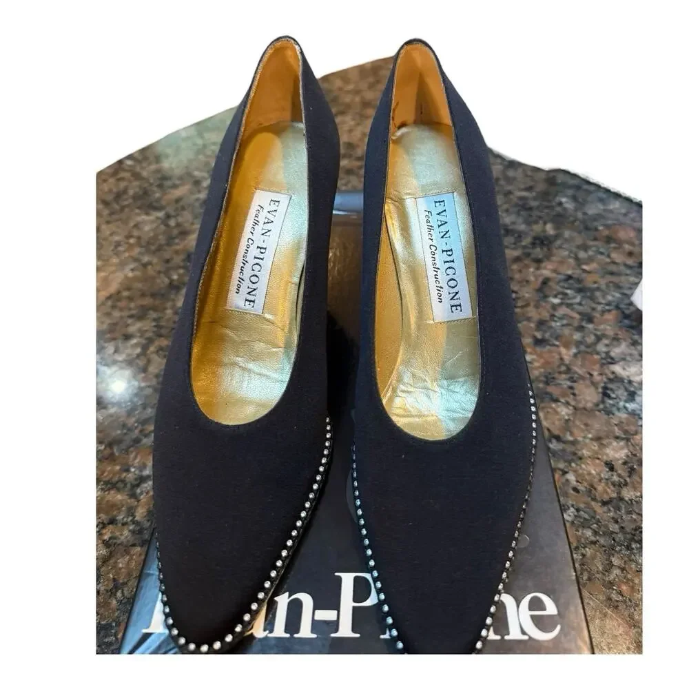 Evan Picone‎ Black Silk Pumps Classic with Rhinestone Detail Sz 9B EUC